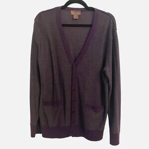 Vertical Design Homme 100% Merino Wool Cardigan Mens Large Purple Stripe Grandpa